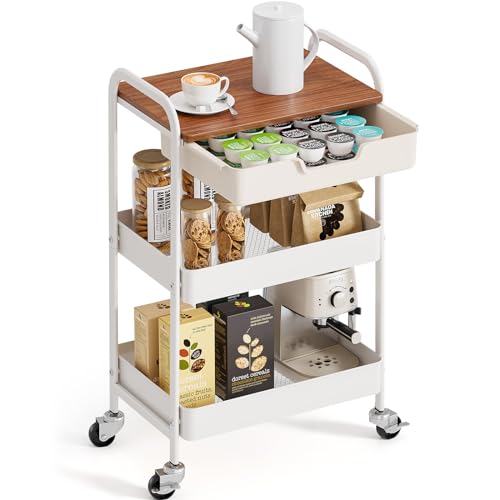 Kingrack 3 Tier Storage Trolley on Wheels, White Meatl Rolling Cart With Plastic Drawer &amp;amp; Wooden Table Top, Kitchen Storage Organizer for Book Beauty Craft, Trolleys for Bathroom, Office, Bedroom