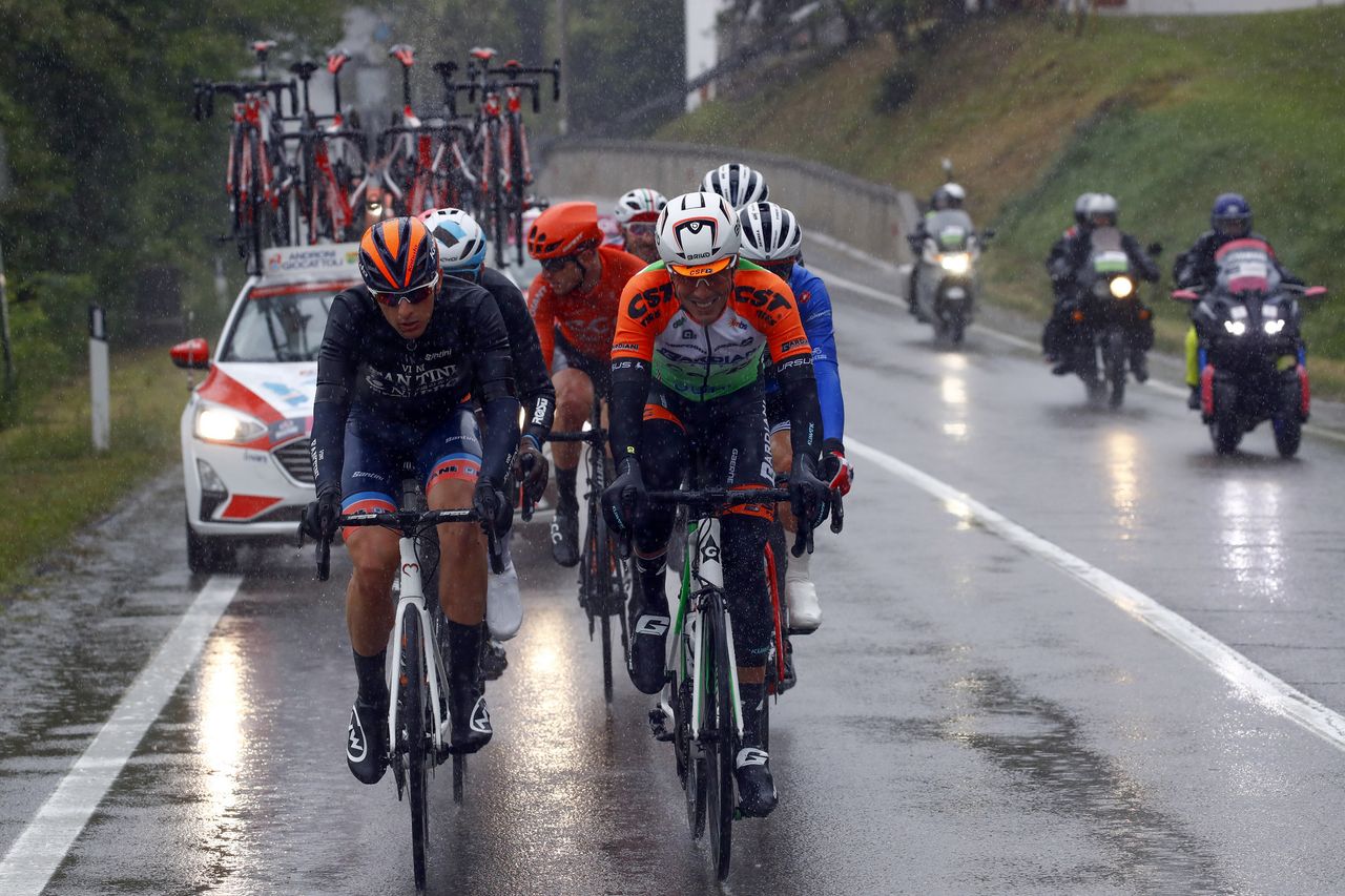 Mirco Maestri (Bardiani-CSF) grimaces as he leads the break in the rain