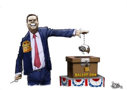 Political cartoon U.S. 2016 election Hillary Clinton FBI James Comey ballot box