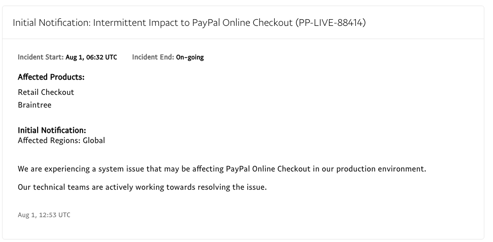 PayPal status page