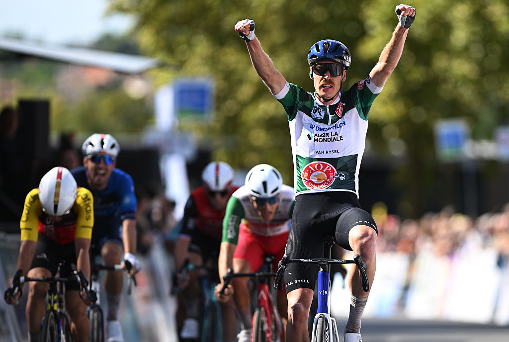 Dorian Godon of France and Team Decathlon AG2R La Mondiale - Green Points Jersey celebrates at finish line as stage winner during the 39th Tour Poitou - Charentes en Nouvelle Aquitaine 2025, Stage 4 a 185.9km stage from La Rochefoucauld to Poitiers on August 29, 2025 in Poitiers, France. (Photo by Luc Claessen/Getty Images)