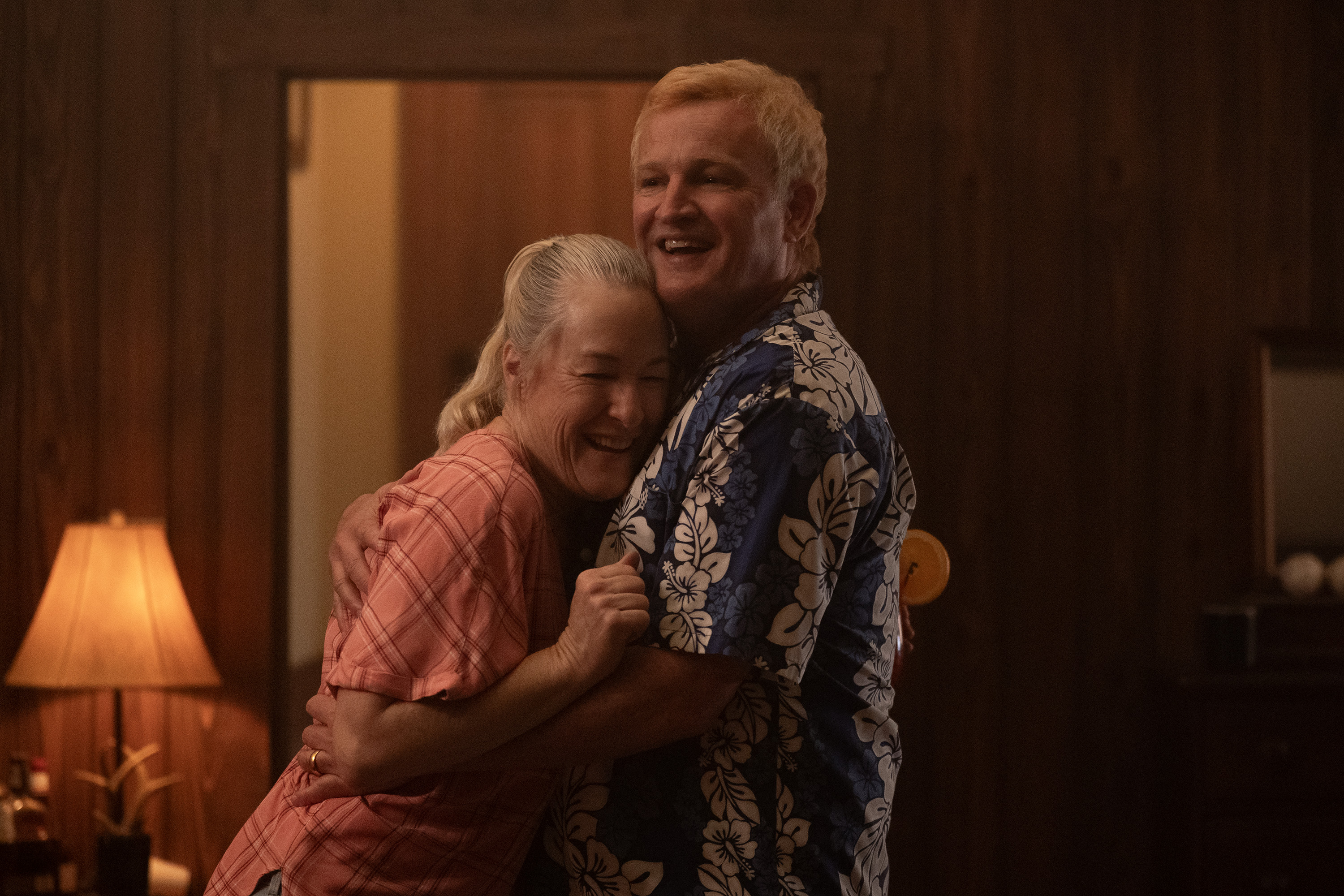 Kathleen Wilhoite as Gloria Satterfield and jason clarke as Alex Murdaugh dancing in a motel room in murdaugh a death in the family