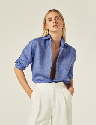 Wnu Women's Lapis Blue Linen Boyfriend Shirt | With Nothing Underneath