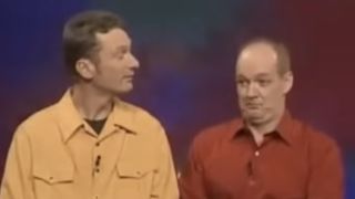 Ryan Stiles with Colin Mochrie making a fake bird sound on Whose Line Is It Anyway?