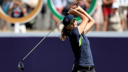 Pia Babnik hits driver at the Paris 2024 women&#039;s Olympic golf tournament