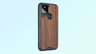 best pixel 5 cases: mous walnut pixel 5 case on a blue background
