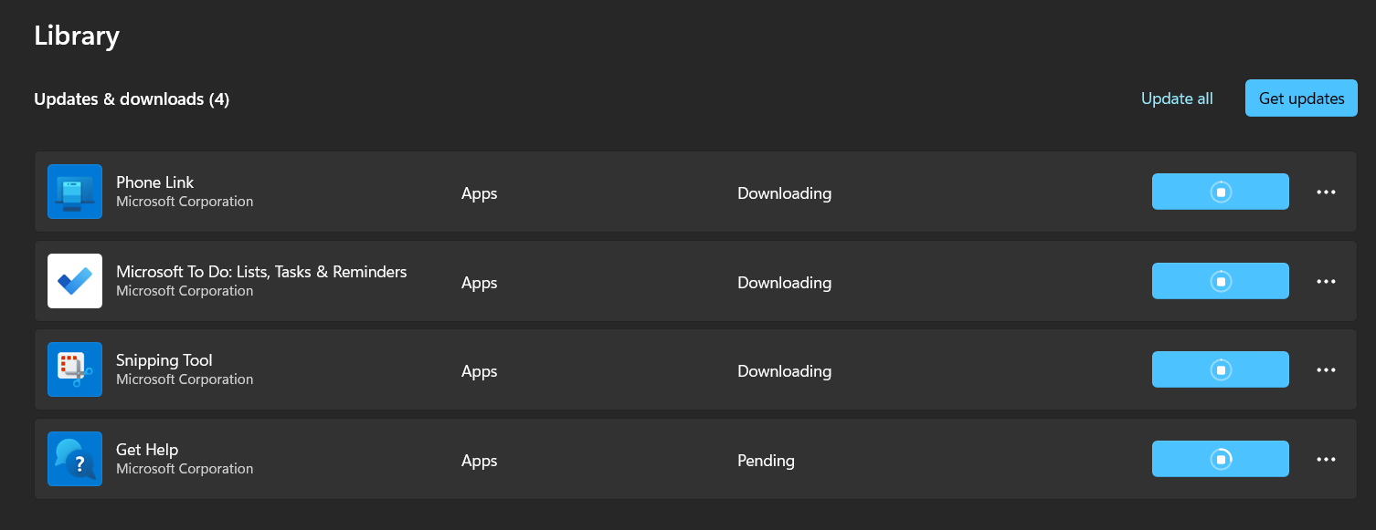 Microsoft Store Library showing multiple apps updating