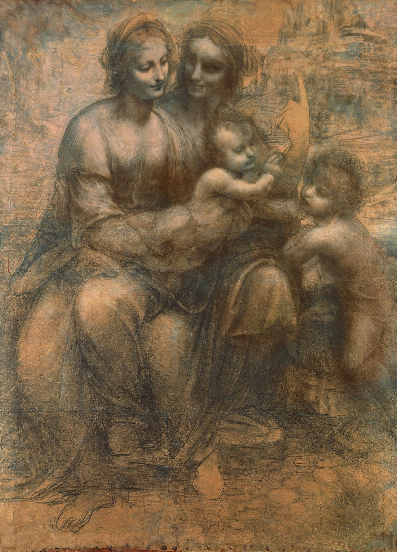 The Virgin and Child with Saint Anne, and the Infant Saint John the Baptist, c.1499-1500 (charcoal heightened with white chalk on paper, mounted on canvas) by Leonardo da Vinci (1452-1519); 141.5x104.6 cm; National Gallery, London.