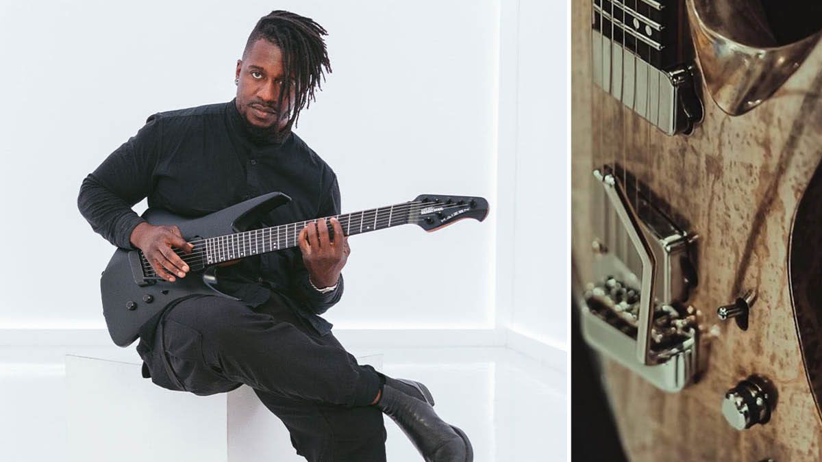 Tosin Abasi and his prototype Kaizen in metal finish