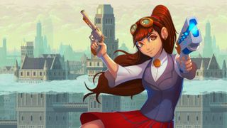 An anime style character on a steampunk city background