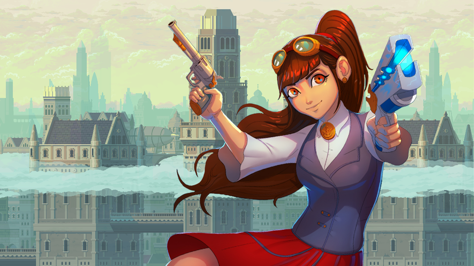 An anime style character on a steampunk city background