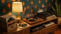A selection of record players with AI-generated backgrounds. 