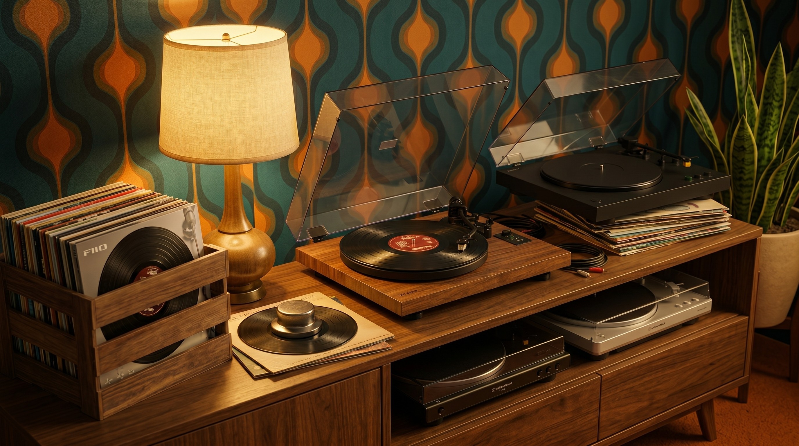 A selection of record players with AI-generated backgrounds. 