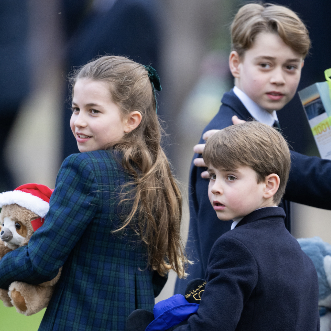 Princess Charlotte, Prince Louis, and Prince George carry cuddly toys and gifts on Christmas Day 2024 in Sandringham