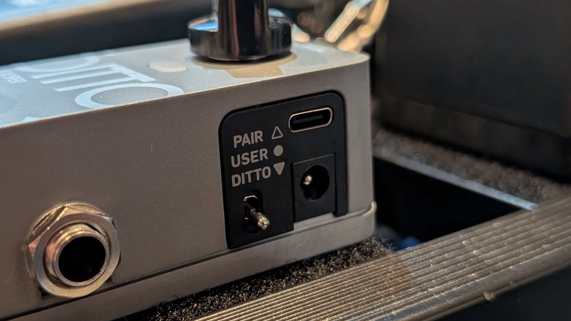 The side panel of the TC Electronic Ditto 2 looper pedal with USB-C, power input, and mode switch
