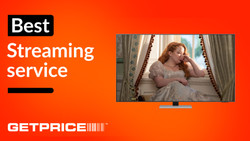 Orange background with text that says Best Streaming Service with Get Price logo and TV screen with image from Bridgerton Season 3