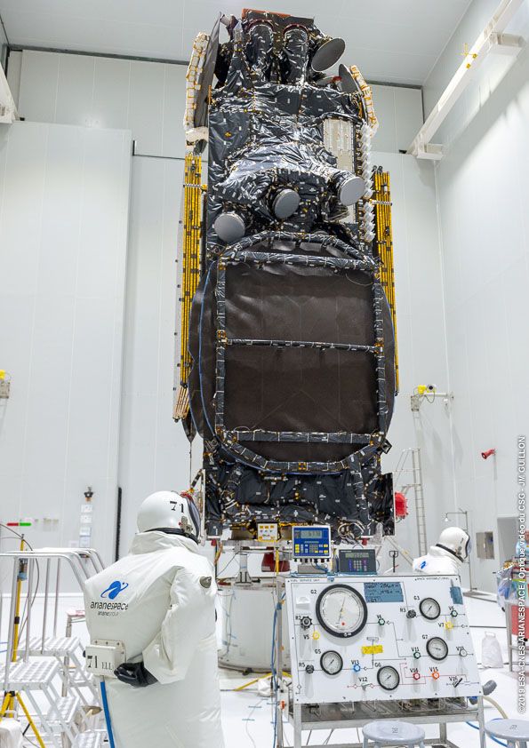 Intelsat 39 is fueled inside the Guiana Spaceport's payload preparation facility.