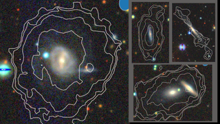 three deep-space images, showing newfound distant galaxies as blue, orange, yellow, green and red dots