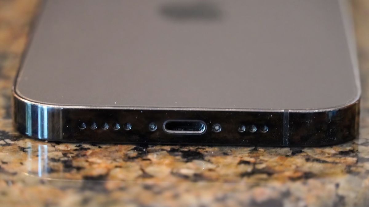 The bottom of my dad's iPhone 14 Pro after using the Otterbox Mobile Device Care Kit.