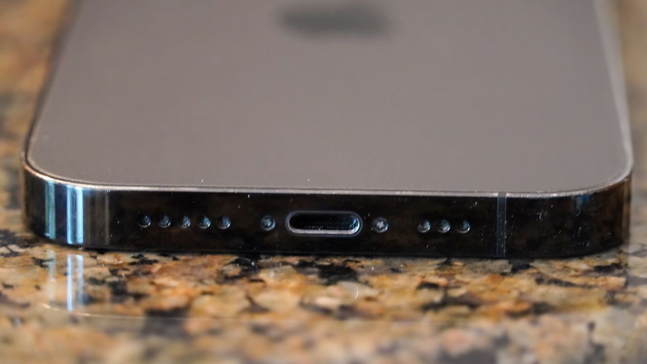 The bottom of my dad's iPhone 14 Pro after using the Otterbox Mobile Device Care Kit.
