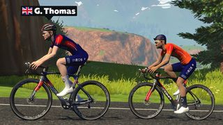 Two Ineos Grenadiers rider avatars, including Geraint Thomas, ride up a hill on Zwift