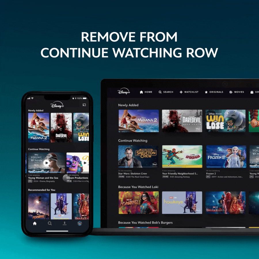 Removing content from your Disney+ Continue Watching row on an iPhone or the Web.