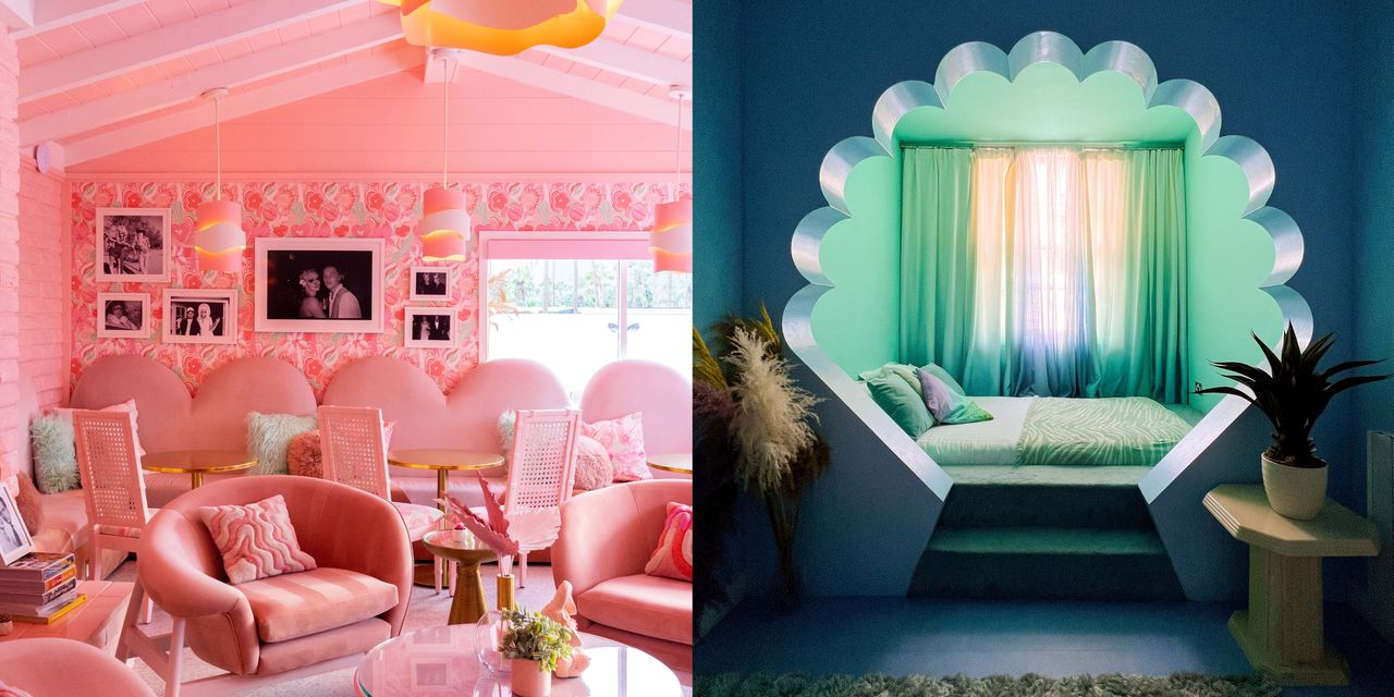 A split header image features a pink-drenched hotel lobby filled with velvety rose furniture on the left, and a ocean green-shaded hotel bedroom decorated with a shell-shaped bed nook and plants on the right.