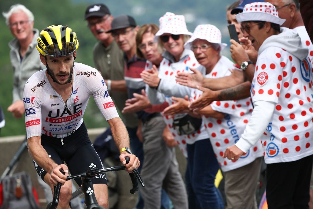 Adam Yates attacks on the final ascent of Saint-Lary-Soulan Pla d&#039;Adet during stage 14 at the Tour de France