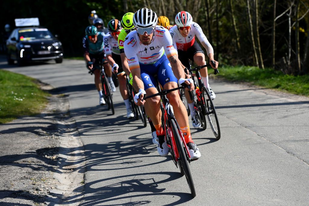 HARELBEKE BELGIUM MARCH 25 Daniel Oss of Italy and Team Total Energies cmin the breakaway during the 65th E3 Saxo Bank Classic 2022 a 2039km one day race from Harelbeke to Harelbeke E3SaxobankClassic WorldTour on March 25 2022 in Harelbeke Belgium Photo by Tim de WaeleGetty Images