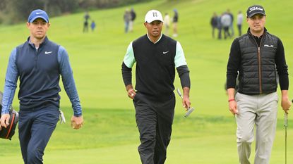 Rory McIlroy, Tiger Woods and Justin Thomas at the 2018 Genesis Open