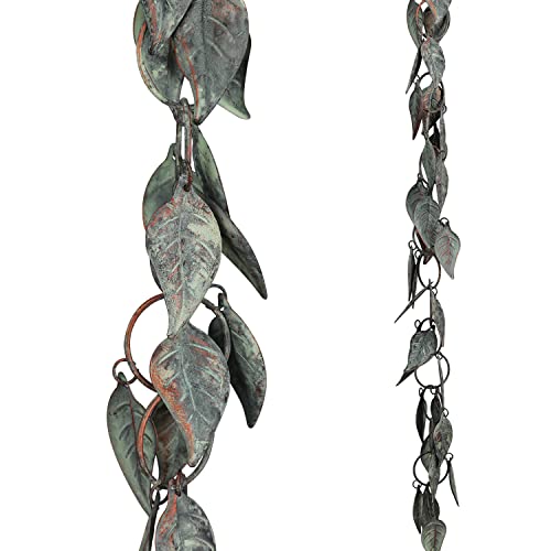 Aifeorzo 8.5 Ft Rain Chain, Rain Chains for Gutters, Metal Rain Chain Downspouts, Circle With Leaves Rain Gutter Chains, Metal Rain Catcher for Outside, Decorative Your House and Garden, Verdigris