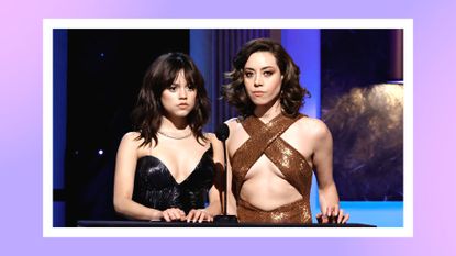  Jenna Ortega and Aubrey Plaza speak onstage during the 29th Annual Screen Actors Guild Awards at Fairmont Century Plaza on February 26, 2023 in Los Angeles, California./ in a purple template