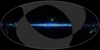 The WISE team released 57 percent of the sky survey by WISE in this two-dimensional projection of the whole sky. The fuzzy line down the middle is our Milky Way galaxy.
