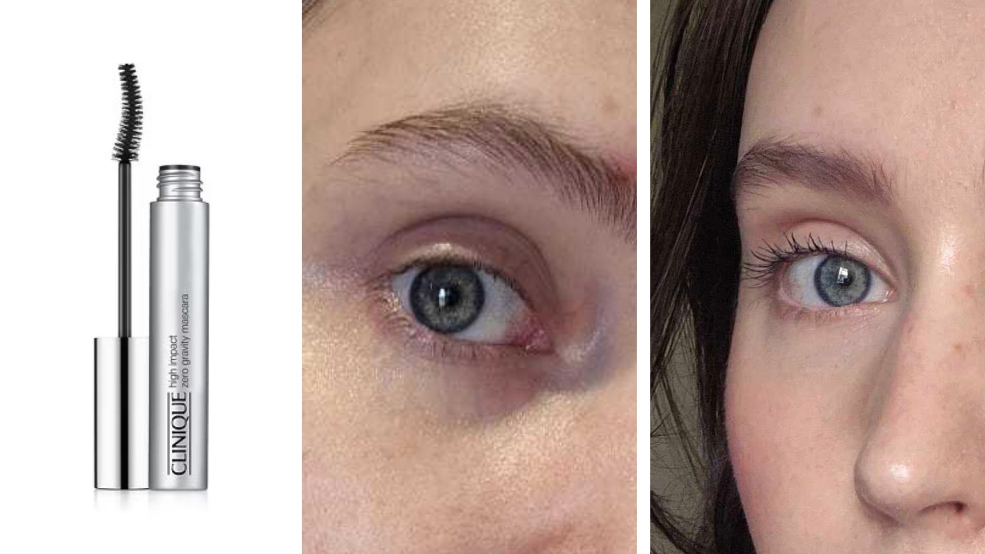 Naomi Jamieson&#039;s lashes before and after wearing Clinique High Impact Zero Gravity Mascara, next to a product shot (2)