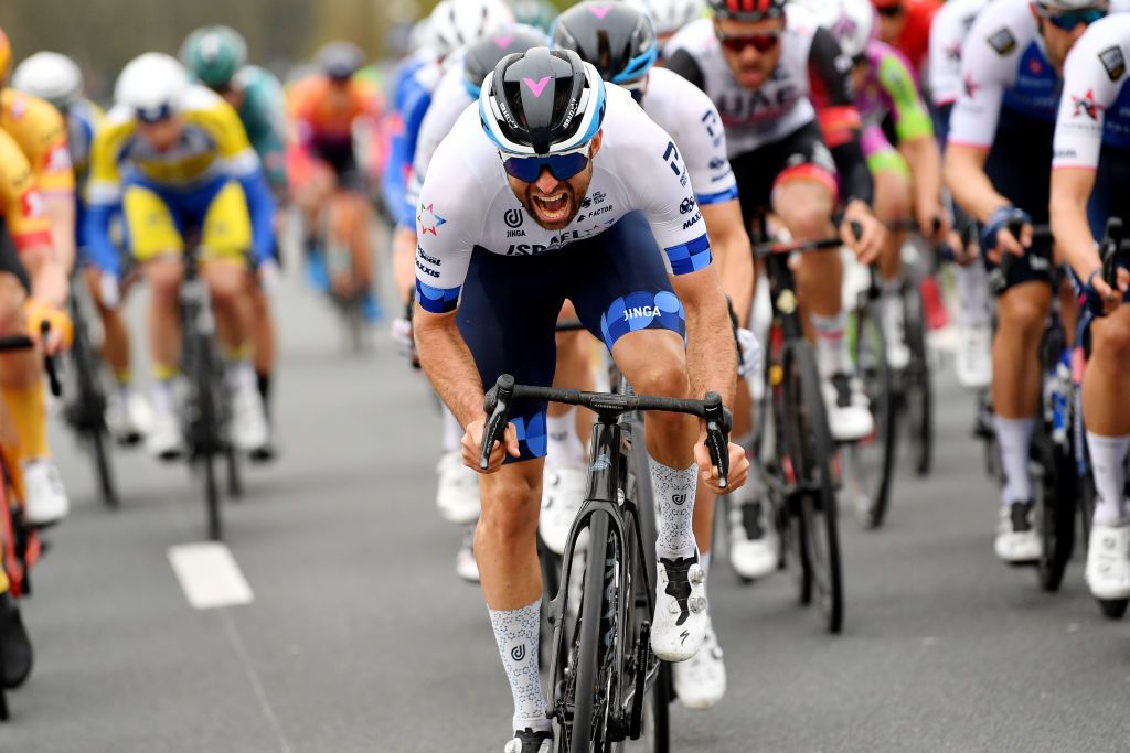NOKERE BELGIUM MARCH 16 Guy Sagiv of Israel and Team Israel Premier Tech competes during the 76th Danilith Nokere Koerse 2022 Mens Elite a 1898km one day race from Deinze to Nokere NokereKoerse DNK22 on March 16 2022 in Nokere Belgium Photo by Luc ClaessenGetty Images