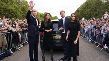 The Prince and Princess of Wales Accompanied By The Duke And Duchess Of Sussex Greet Wellwishers Outside Windsor Castle