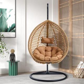 Boho egg chair in a neutral living room