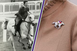 The Queen riding a horse when she was younger split layout with the Queen's horse brooch worn by Camilla Queen Consort