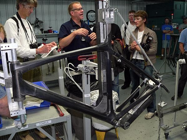 A freshly-bonded Madone frame is ready for the curing oven.