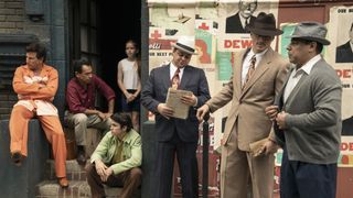Actors sit and stand on a stoop in The Offer