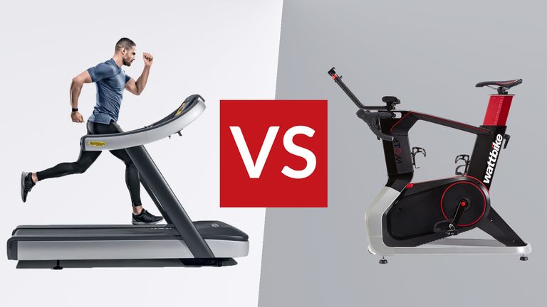 treadmill vs exercise bike: Person running on a treadmill on grey background (left) and the Wattbike Atom on a darker grey background (right)