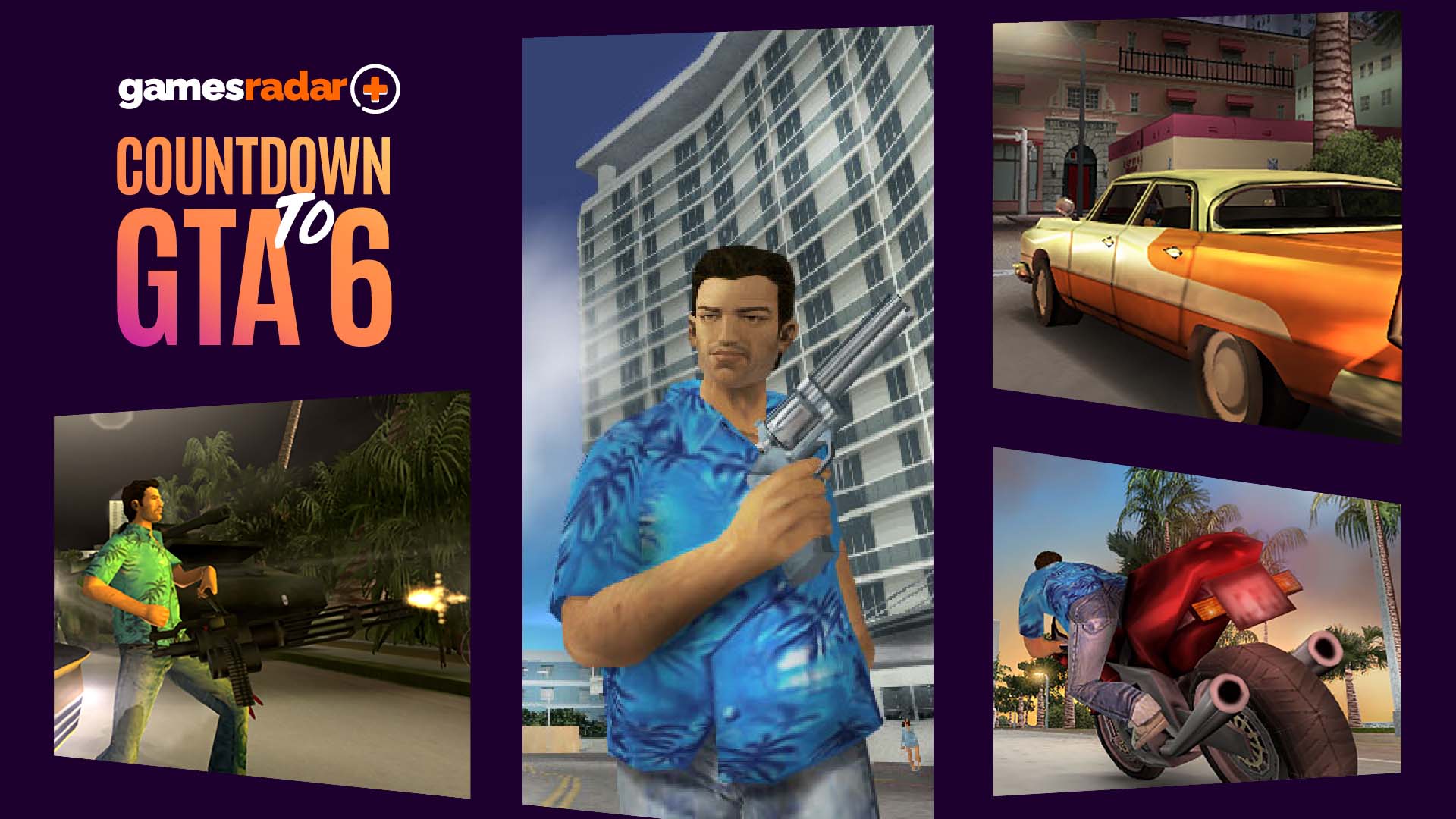 A collage of GTA Vice City screenshots including Tommy wielding guns and driving cars through the sunny location, with the Countdown to GTA 6 GamesRadar+ branding