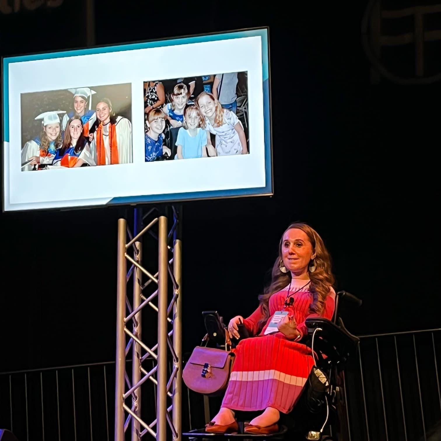 Heather Tomko gives a presentation featuring photos of herself as a child