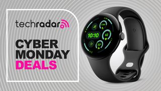 Google Pixel Watch 3 on a grey background with the text Cyber Monday Deals