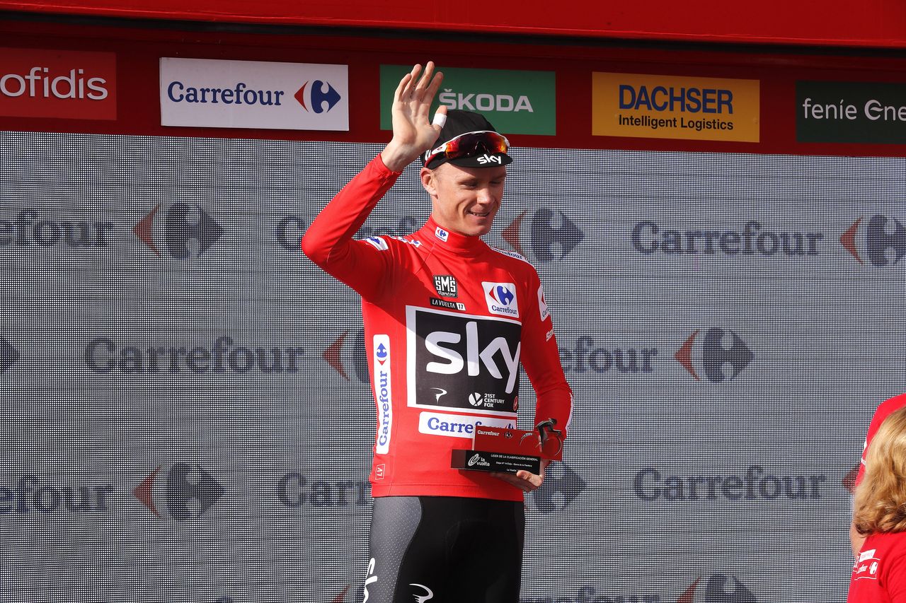Chris Froome on the podium after stage 14 of the Vuelta a Espa&ntilde;a