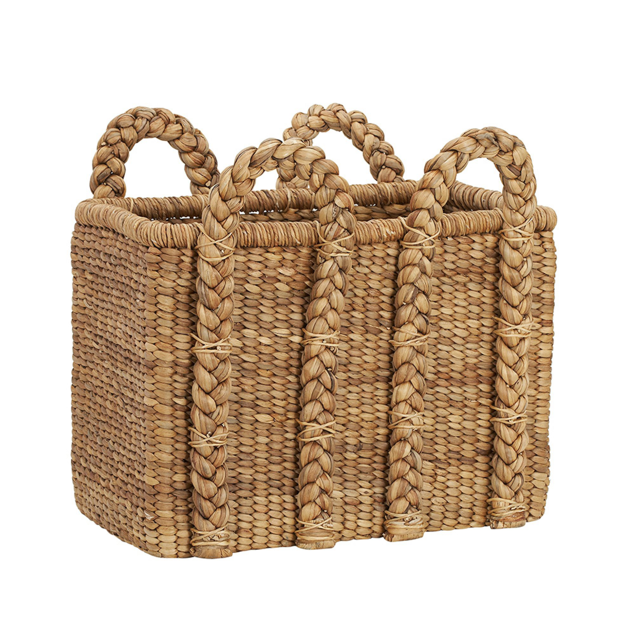 a tall rattan basket with large braided handles