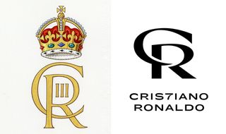 King Charles III's Royal cypher and a fan-made Cristiano Ronaldo logo
