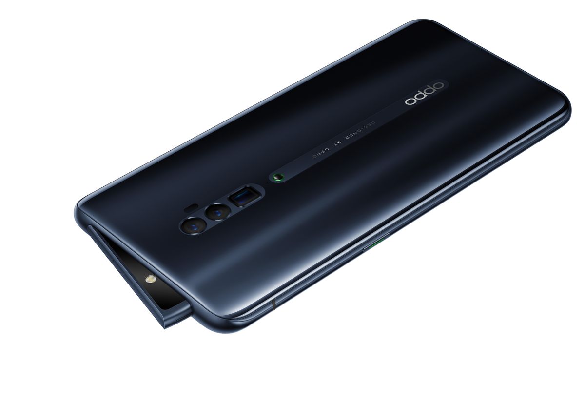 Oppo Reno 5G Jet Black. Possiamo notare il meccanismo a scomparsa della fotocamera frontale (Immagine: Oppo)