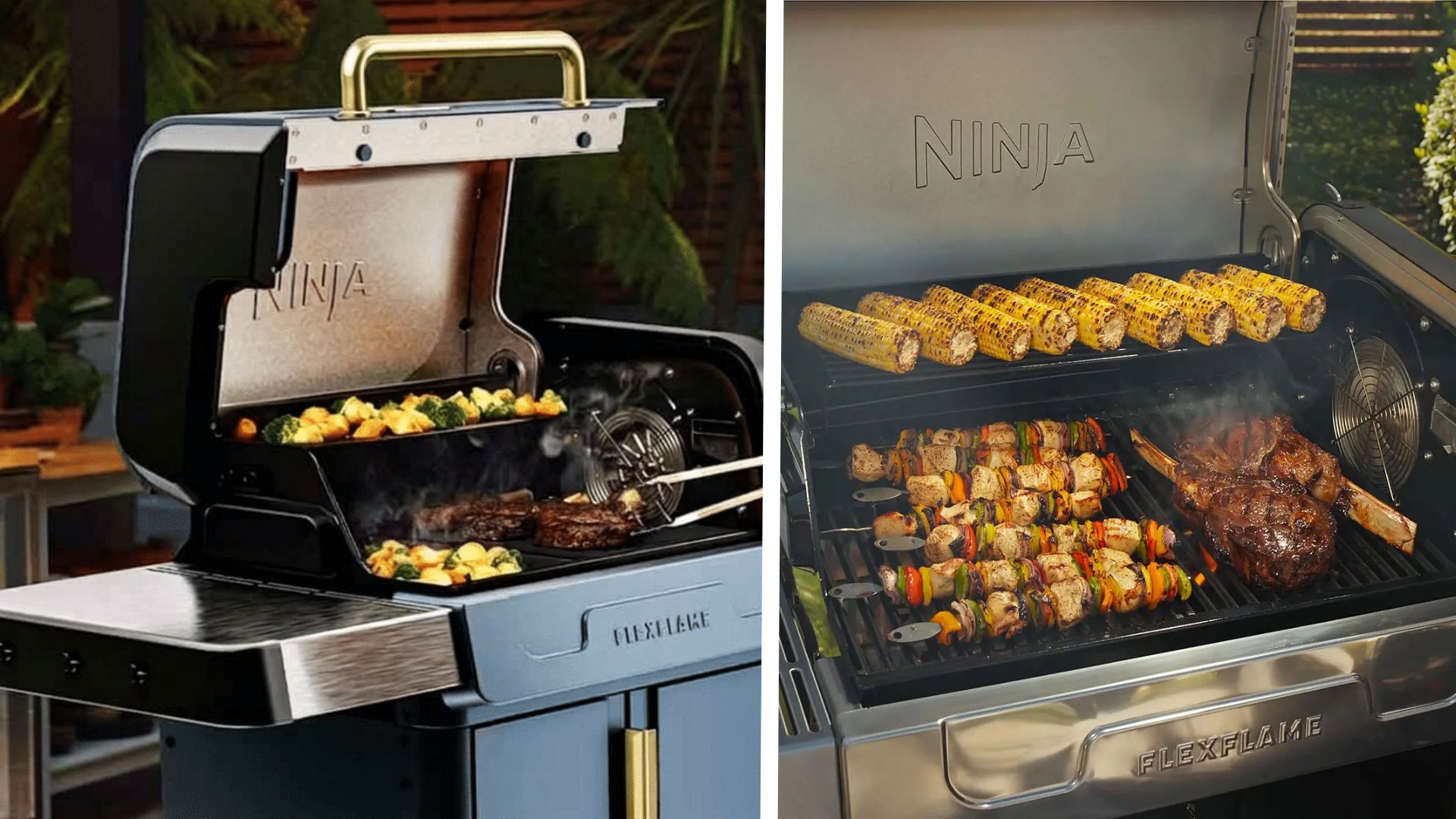 A split image of the Ninja FlexFlame Gas BBQ and Outdoor Cooking System grilling meat and vegetables