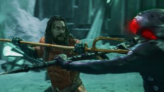 Jason Momoa fends off Black Manta with his trident in Aquaman and the Lost Kingdom.